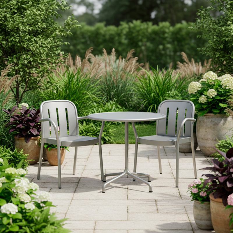 HAY Deville Patio Dining Bundle 80cm in Silver Grey Aluminium — two armchairs and round table, garden setting