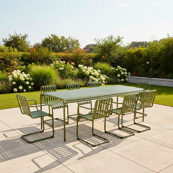 HAY Palissade Extra-Large Dining Bundle with Cantilever Armchairs in Olive — 220cm table seats 8, lifestyle garden setting