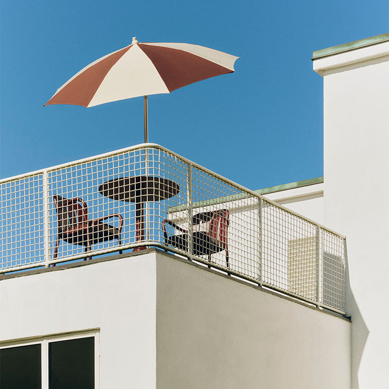HAY Terrazza Parasol with Deville Armchair in Iron Red and Palissade Cone Table — lifestyle 01