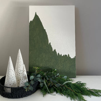 modern painting of green pine forest by artist becky innes. acrylic paint on canvas with textured paper