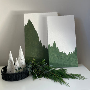 modern paintings of pine forest by artist becky innes. acrylic paint on canvas