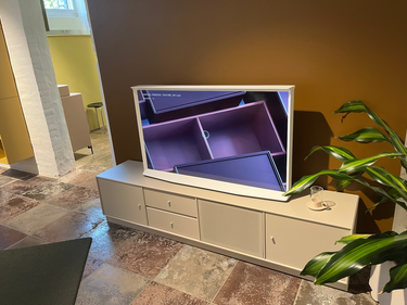 Montana Modern TV on a stand with a plant and coffee table in a room.