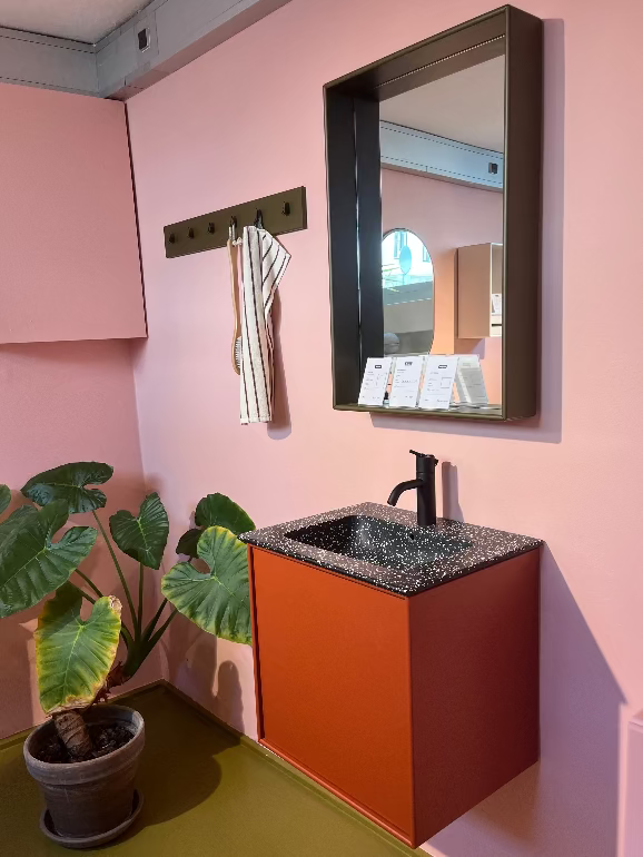 Montana bathroom storage. Bathroom with pink walls, orange vanity, and a plant on a green floor.