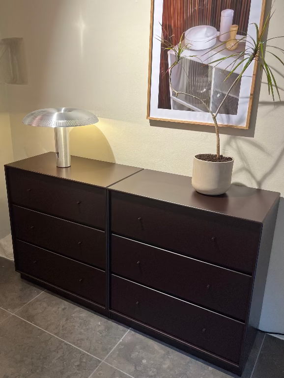 Montana modern storage dresser with a plant and small table in a room with a framed picture on the wall.