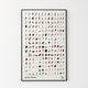 A framed wall art print titled 'The Chair Collection' featuring a grid of many small chair illustrations in different colors, hanging on a white wall. Chair wall print by Vitra design museum, framed in black frame