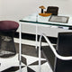 Knoll Florence Knoll Mini Desk in Clear Glass — lifestyle, detail, with Brno Chair and Platner Stool