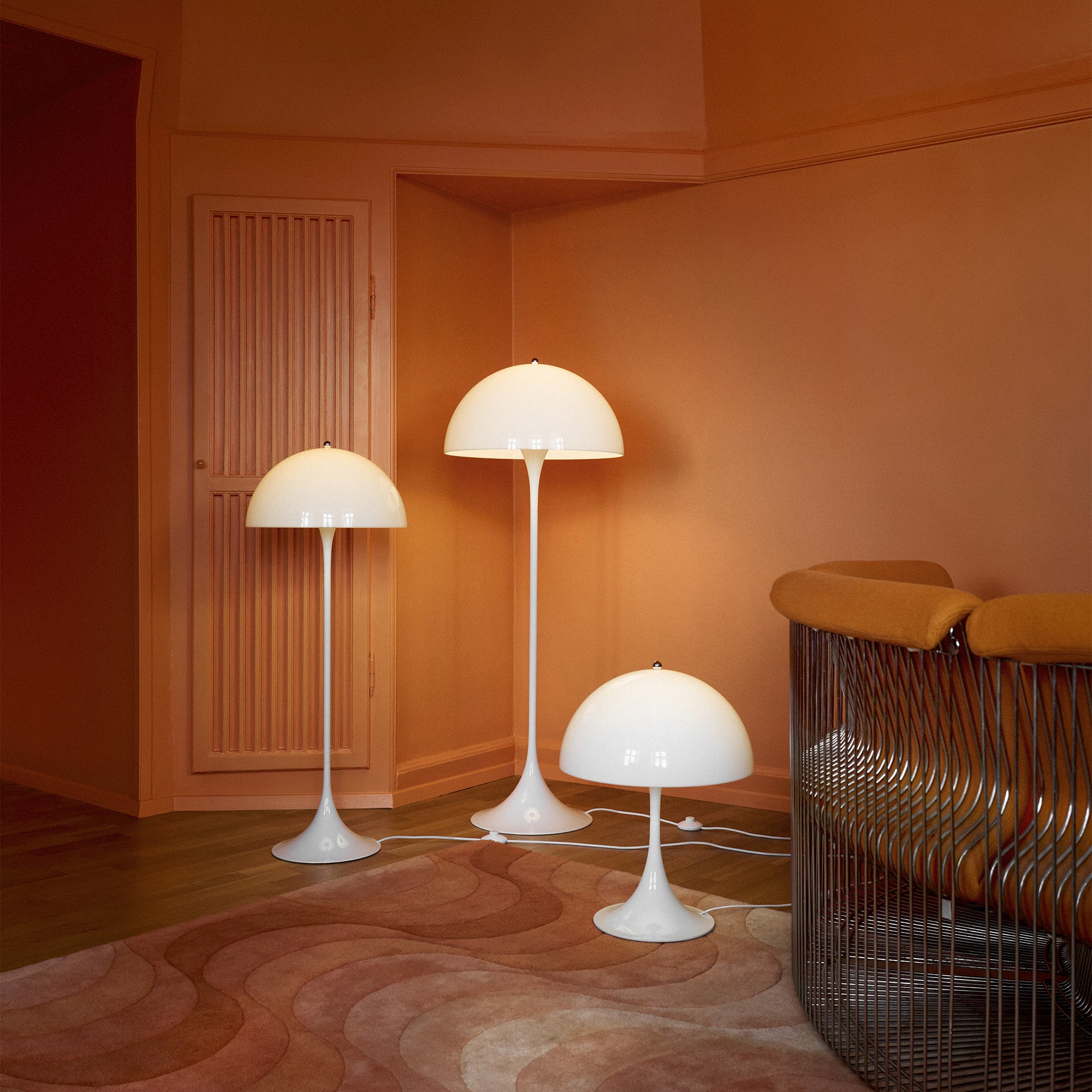 Louis Poulsen Panthella 400 Floor Lamp V3 in Opal White — lifestyle, VP Suite, with Panthella 500 Floor Lamp and Panthella 400 Table Lamp