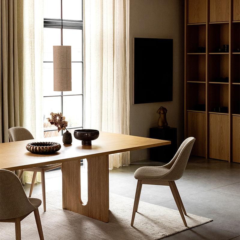 Audo Hashira Pendant Light — lifestyle, with Audo Androgyne Dining Table, Audo Harbour Side Dining Chair, and Audo NNDW