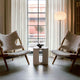 Audo Knitting Lounge Chair Sheepskin — lifestyle, with Androgyne Side Table and JWDA Floor Lamp