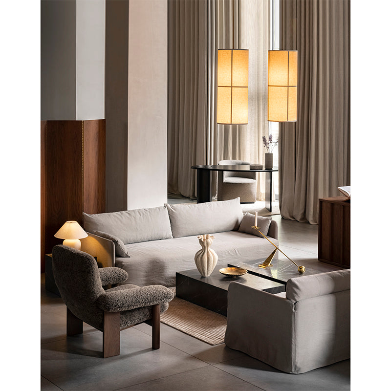 Audo Hashira Pendant Light — lifestyle, with Audo Offset Sofa, Audo Interconnect Candle Holder, Audo Brasilia Lounge Chair, Audo Plinth, and Audo Torso Table Lamp