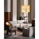 Audo Hashira Pendant Light — lifestyle, with Audo Offset Sofa, Audo Interconnect Candle Holder, Audo Brasilia Lounge Chair, Audo Plinth, and Audo Torso Table Lamp