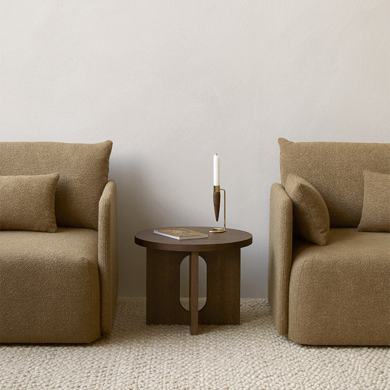 Audo Offset 2 Seater Sofa in Bouclé — lifestyle, with Androgyne Side Table, Umanoff Candle Holder and Gravel Rug