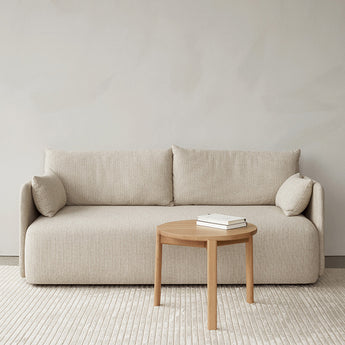 Audo Offset 2 Seater Sofa in Bouclé — lifestyle, with Passage Lounge Table and Houkime Rug