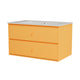 A modern two-drawer vanity cabinet in a vibrant orange finish, featuring a speckled white sink countertop with an integrated sink, shown against a plain white background.