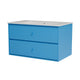 A bright blue two-drawer cabinet with a speckled white sink countertop and integrated sink, shown on a plain white background.