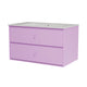 A lavender purple two-drawer vanity cabinet with a speckled white countertop and integrated sink, shown on a plain white background.