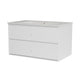 A white two-drawer storage cabinet with a speckled white countertop and integrated sink, shown on a plain white background.