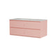 A modern two-drawer vanity cabinet in a soft dusty pink finish, featuring a light gray speckled stone-look top with an integrated sink, shown against a plain white background.