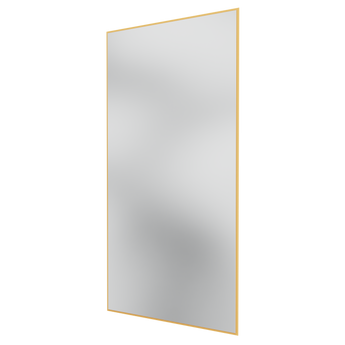 A tall rectangular wall mirror with a thin gold frame, shown at a slight angle on a plain white background.