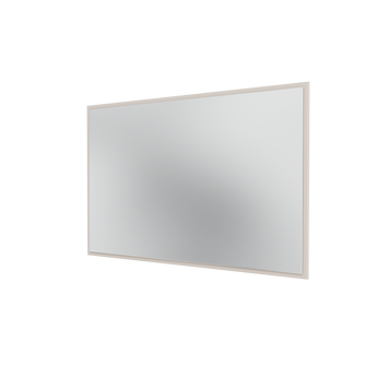 A rectangular wall mirror with a thin, light beige frame, shown at a slight angle against a solid white background.