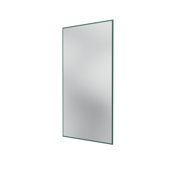 A rectangular wall mirror with a thin dark green frame, shown at a slight angle on a plain white background.