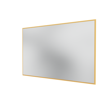A rectangular wall mirror with a thin gold frame, shown at a slight angle against a solid white background.