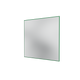 A square mirror with a thin green frame, shown at a slight angle on a plain white background.