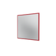 A square mirror with a thin dark red frame, shown at a slight angle against a solid white background.