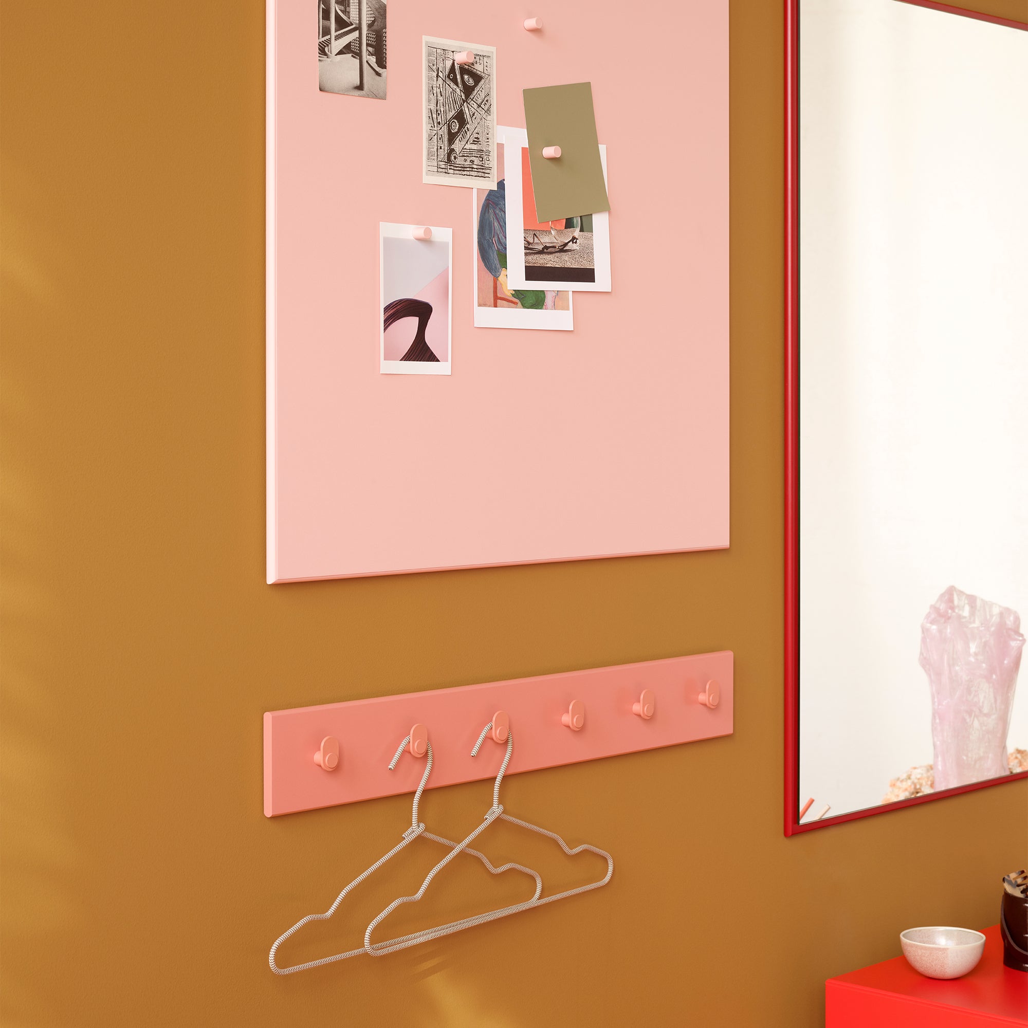 Montana Coat Racks 6 Hooks in Rhubarb — lifestyle, detail, with Montana Notice Board and Mirror