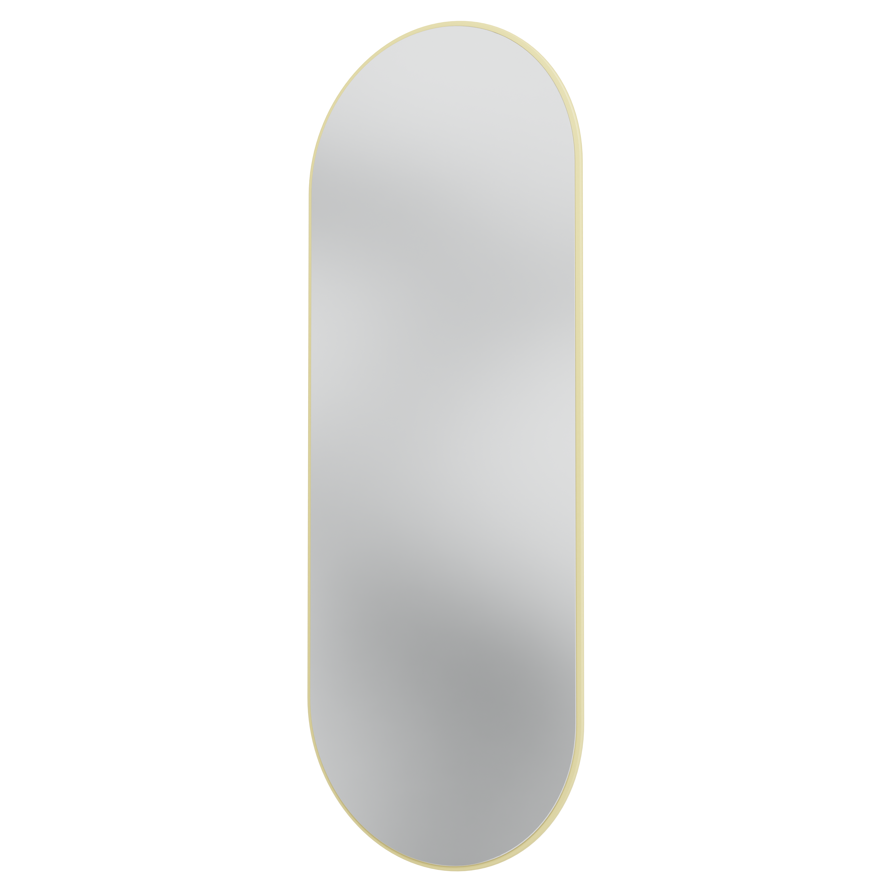 A vertically oriented oval mirror with a thin gold border, centered on a plain white background.