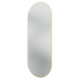 A vertically oriented oval mirror with a thin gold border, centered on a plain white background.