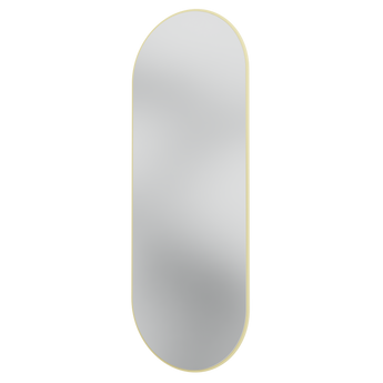 A vertically oriented oval mirror with a thin gold border, centered on a plain white background.