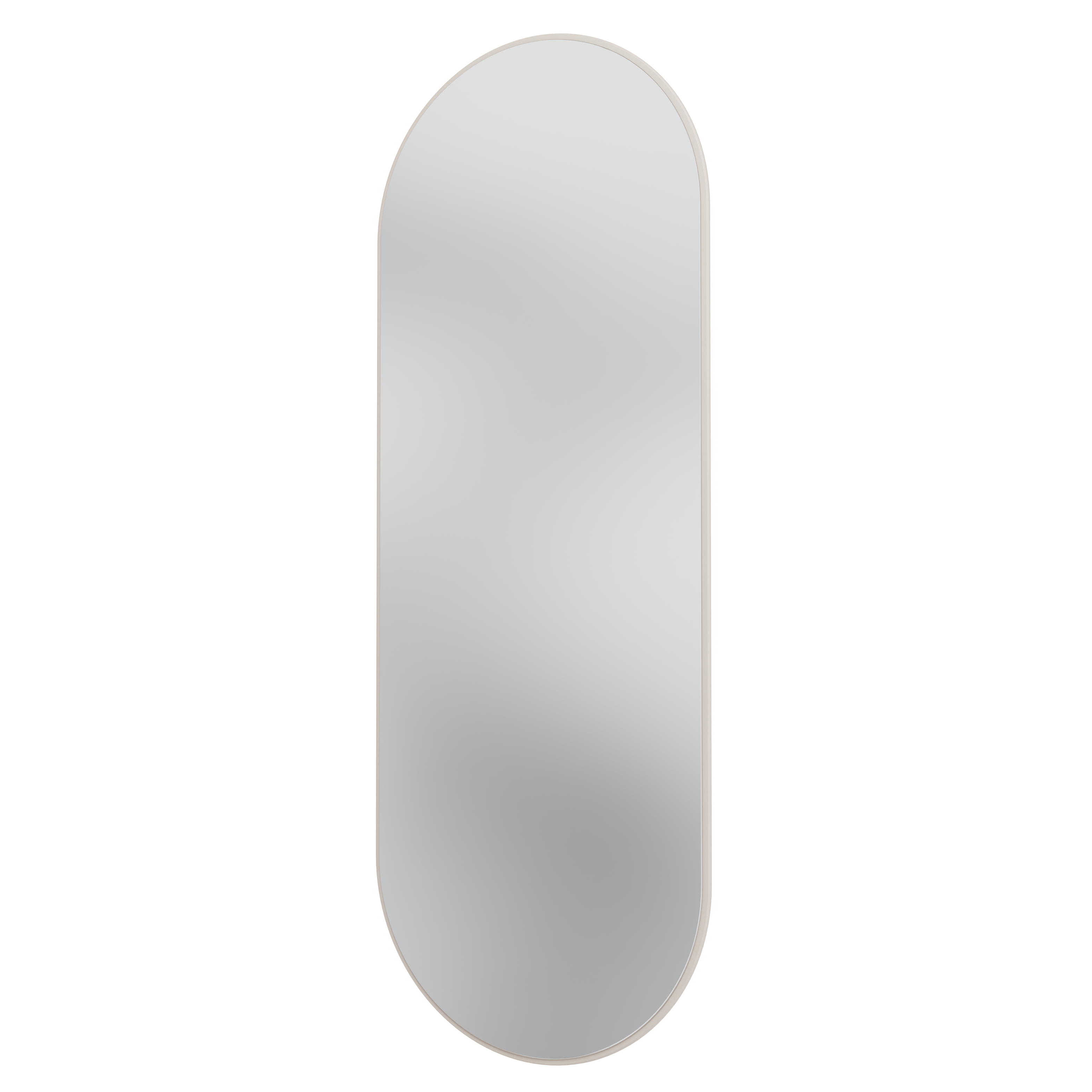 A vertically oriented oval wall mirror with a slim metallic frame, shown against a plain white background.