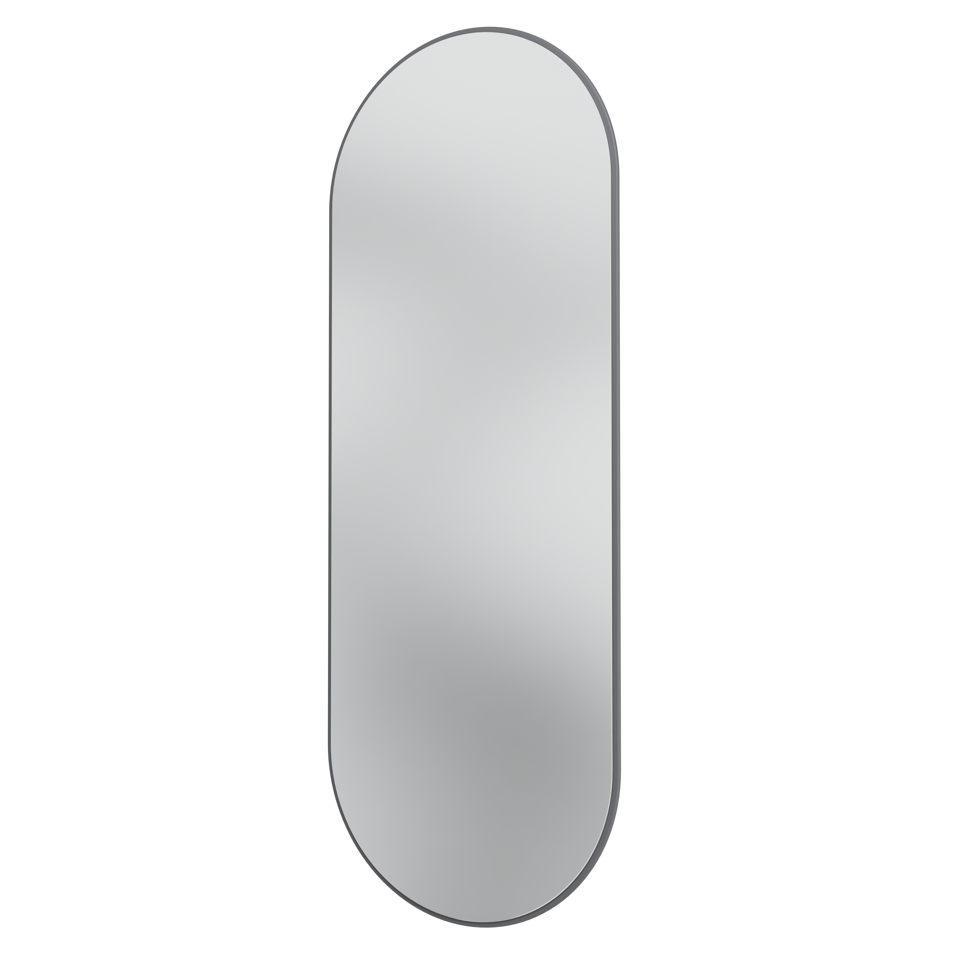 A minimalist, vertically oriented oval wall mirror with a slim dark gray frame, shown against a solid white background.
