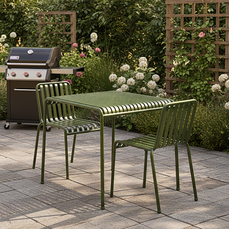 Hay Palissade Table and Palissade Chair in Olive — lifestyle, garden