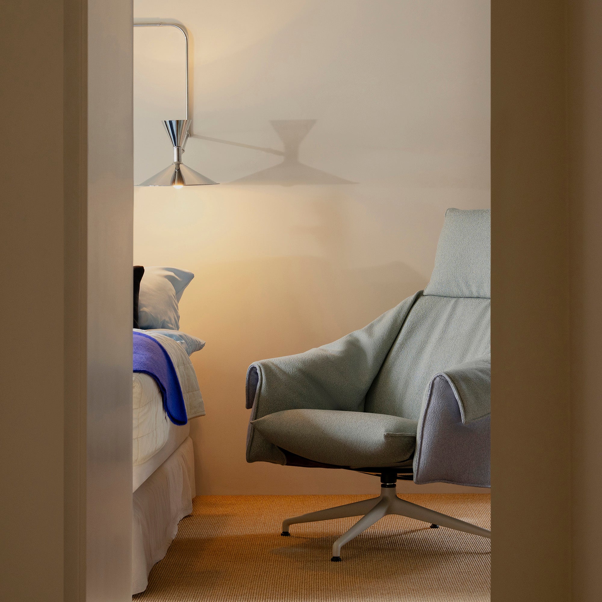 Vitra Bascule Highback Lounge Chair in Cento Light Sage and Light Lavender, Chalk base — lifestyle, bedroom