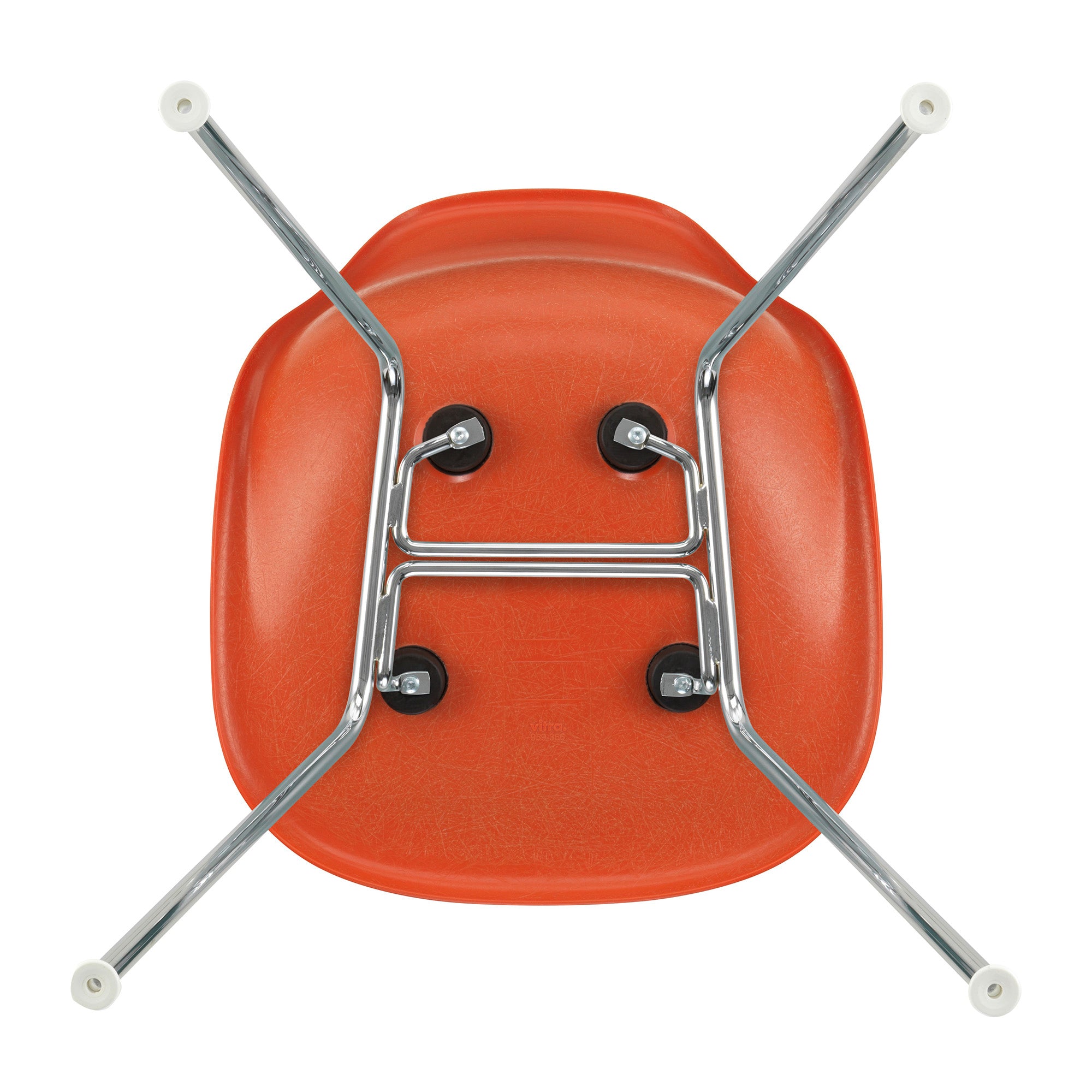 Vitra Eames Fiberglass Side Chair DSX in Red Orange with chrome base — packshot, underside