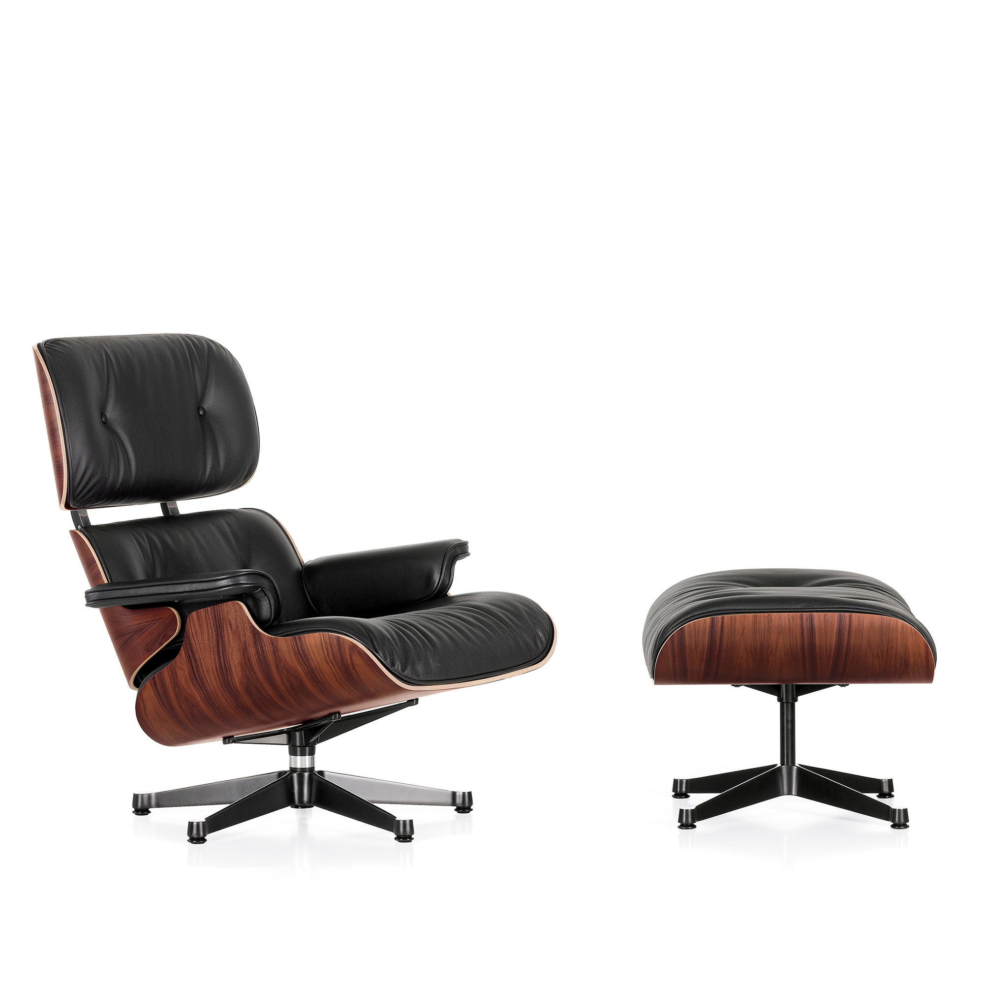 Vitra Eames Lounge Chair & Ottoman in Santos Palisander and Nero leather, polished/black base — packshot