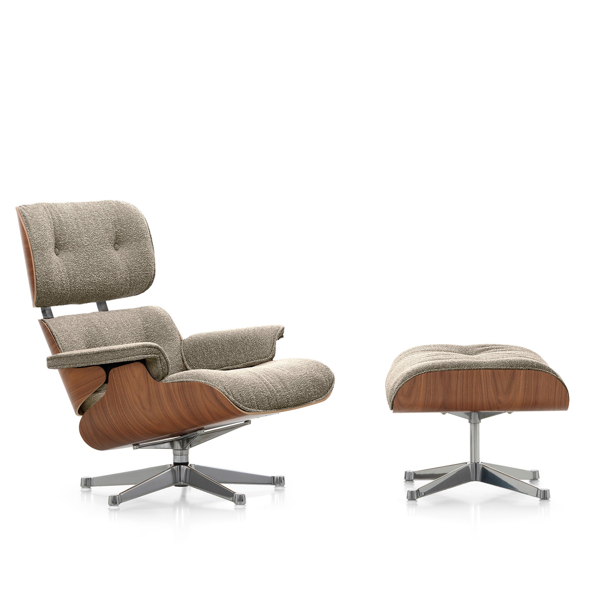 Vitra Eames Lounge Chair & Ottoman in Walnut Natural and Cream/Dark Brown Nubia — packshot