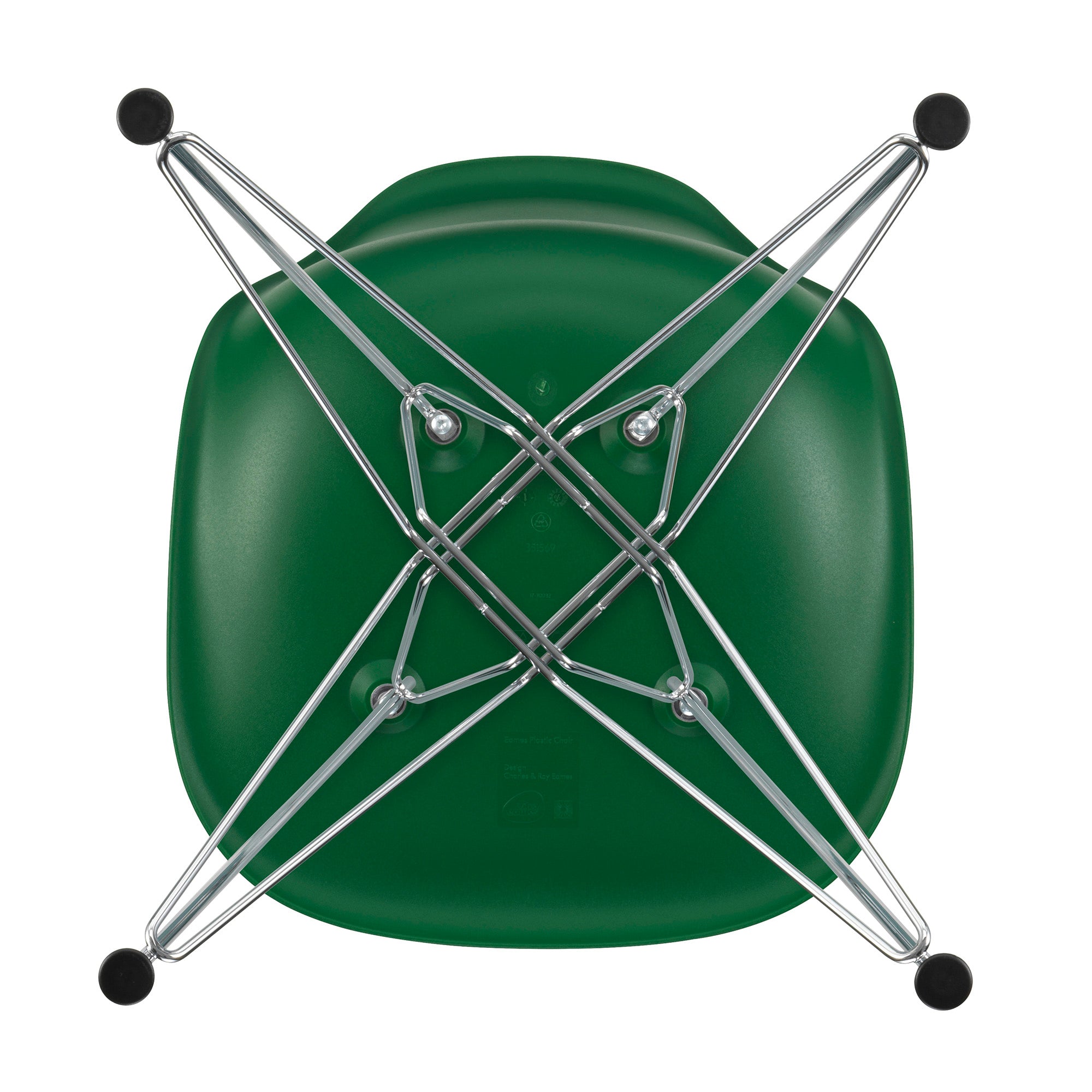 Vitra Eames Plastic Side Chair RE DSR Seat Upholstery in Emerald RE — packshot, underside with chrome base