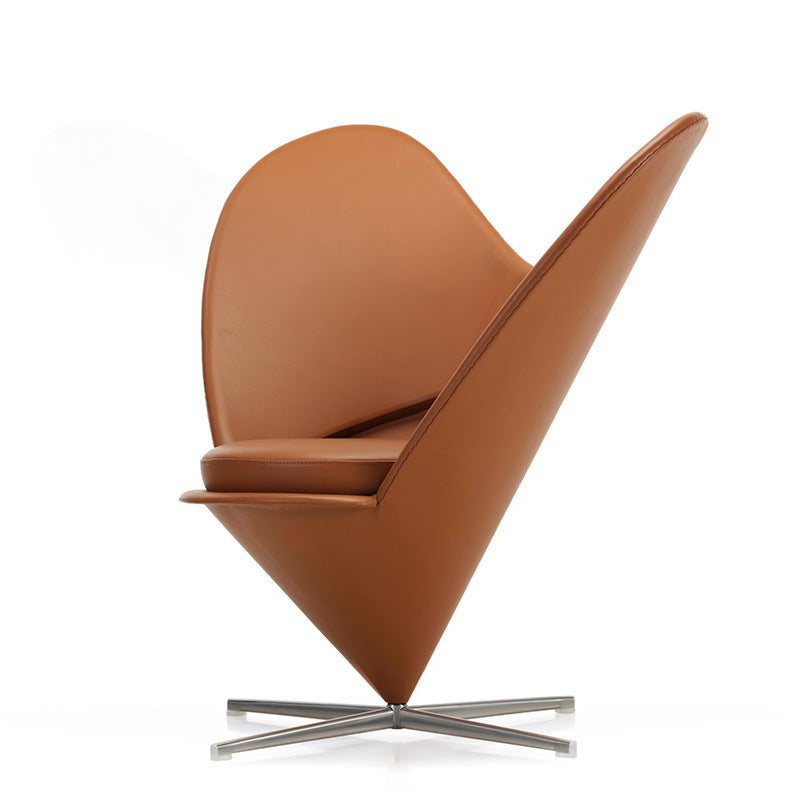 Vitra Heart Cone Chair in Leather Premium Cognac with stainless steel satin base — three-quarter view
