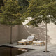Carl Hansen AH604 Outdoor Sun Lounger in teak — lifestyle, detail, with AH604F Outdoor Lounger Footstool, with cushions