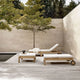 Carl Hansen AH604F Outdoor Lounger Footstool in teak — lifestyle, with AH604 Outdoor Sun Lounger, with cushions