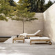 Carl Hansen AH604 Outdoor Sun Lounger in teak — lifestyle, with AH604F Outdoor Lounger Footstool, with cushions