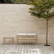Carl Hansen AH911 Outdoor Side Table or Stool in teak — lifestyle, with AH701 Outdoor Lounge Sofa, with cushions