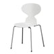 A Fritz Hansen 3101 Ant Dining Chair with a wooden backrest and seat, four metal legs, in white wood finish.packshot on white.