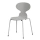 A Fritz Hansen 3101 Ant Dining Chair with a wooden backrest and seat, four metal legs, in a grey wood finish. packshot on white.