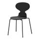 A Fritz Hansen 3101 Ant Dining Chair with a wooden backrest and seat, four metal legs, in a black wood finish. packshot on white.