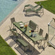 HAY Palissade Outdoor Dining Table Rectangular in Olive Green — lifestyle, with Palissade Chair, Palissade Dining Bench, Palissade Chaise Longue