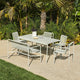 HAY Palissade Outdoor Dining Table Rectangular in Sky Grey — lifestyle, with Palissade Dining Armchair, Palissade Chair